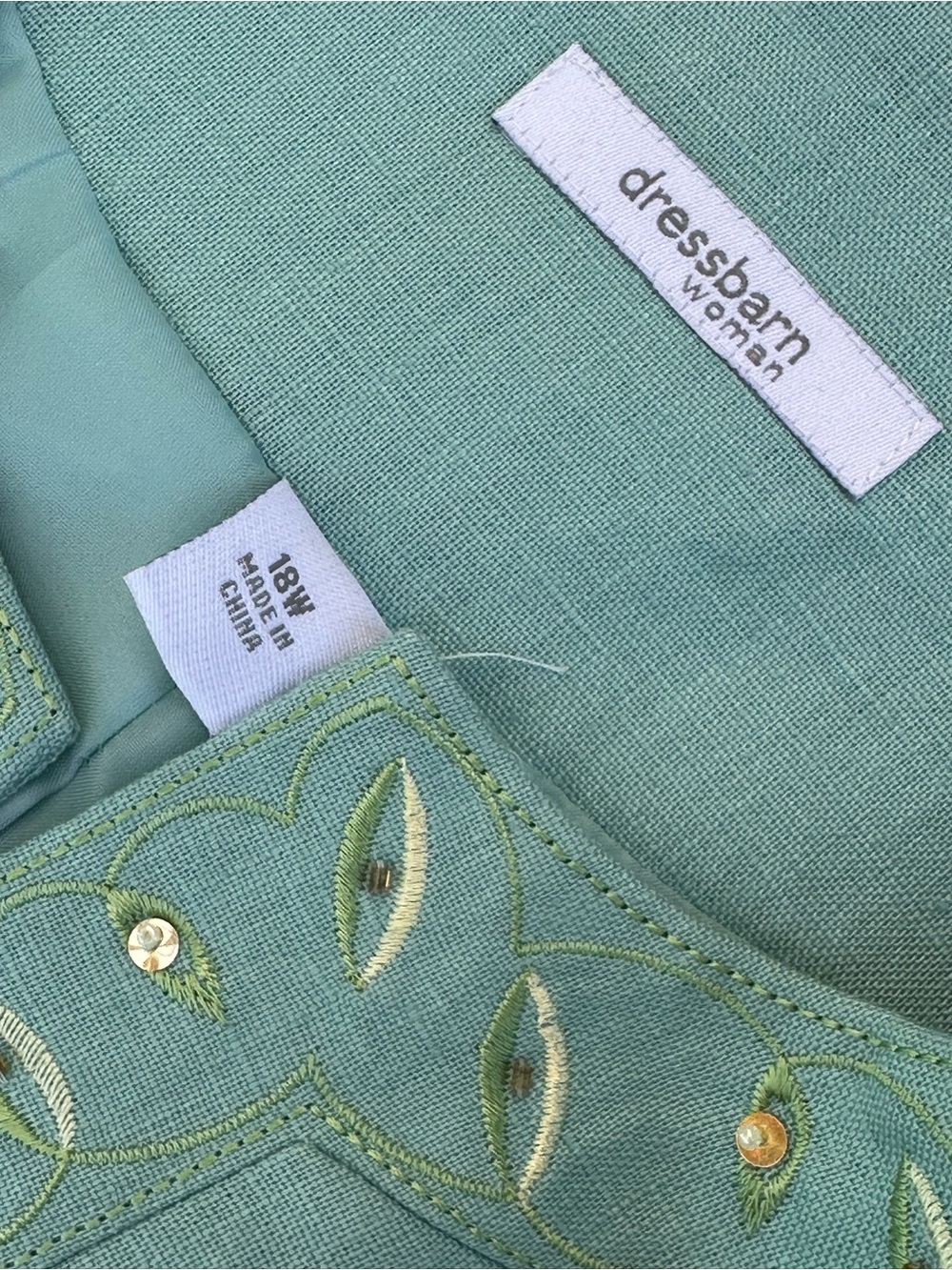 DressBarn Woman Linen Blend Embroidered Suit 18W Jacket 16W Pants Bead Accents - Picture 3 of 14